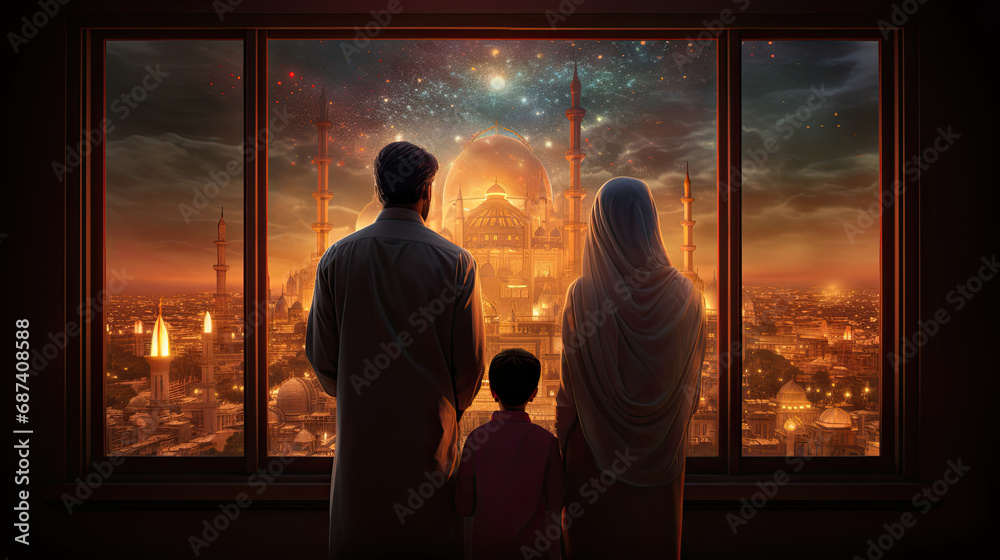 back view a family standing behind a window overlooking a mosque
