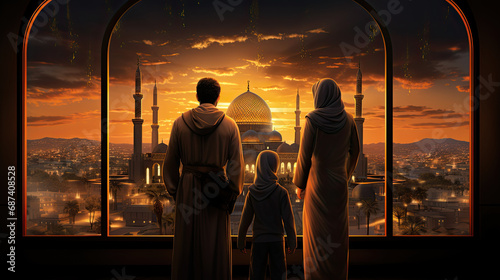 back view a family standing behind a window overlooking a mosque
