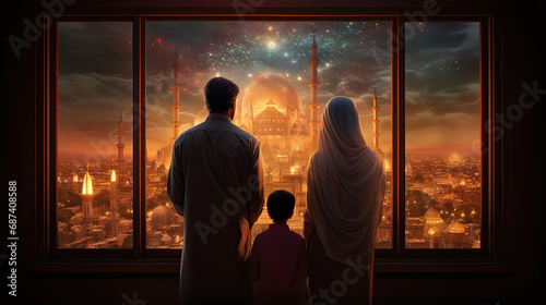 back view a family standing behind a window overlooking a mosque © Rangga Bimantara