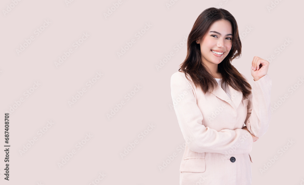 Confident business young women in pink suit with arms crossed and smile isolated over pink background Young business lady arms crossed self confident person worker friendly smile looking at camera Confident business young women in pink suit with arms crossed and smile isolated over pink background Young business lady arms crossed self confident person worker friendly smile looking at camera