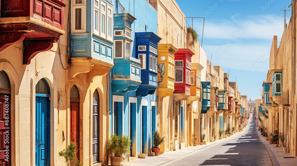 Obraz na płótnie Valletta Maltese traditional colorful houses with balconies narrow city streets at sunny day. Travel concept w salonie