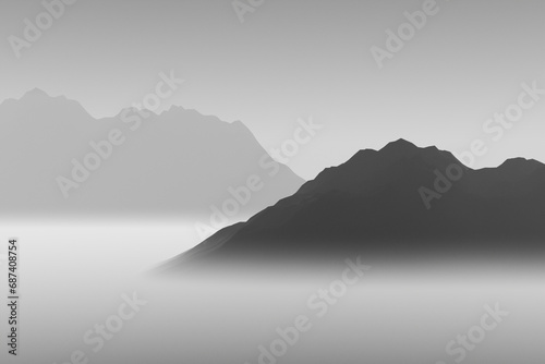 Fototapeta Naklejka Na Ścianę i Meble -  Silhouettes of high mountains in thick fog.