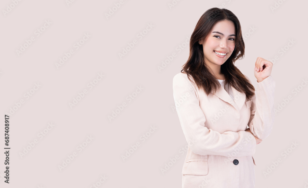 Confident business young women in pink suit with arms crossed and smile isolated over pink background Young business lady arms crossed self confident person worker friendly smile looking at camera Confident business young women in pink suit with arms crossed and smile isolated over pink background Young business lady arms crossed self confident person worker friendly smile looking at camera