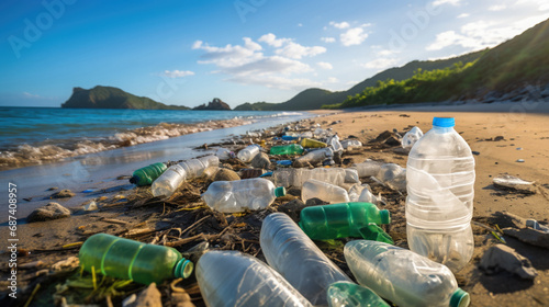Plastic bottles littering a beach creating an ecological disaster on earth photo