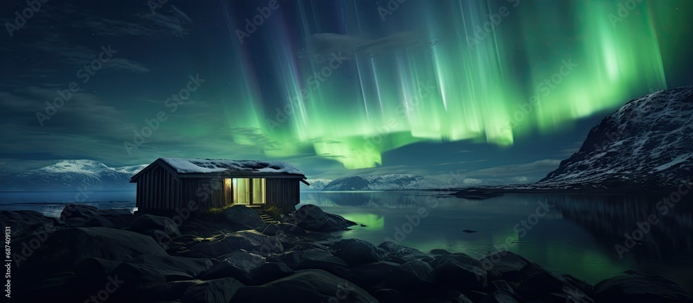 Glowing shelter and aurora borealis