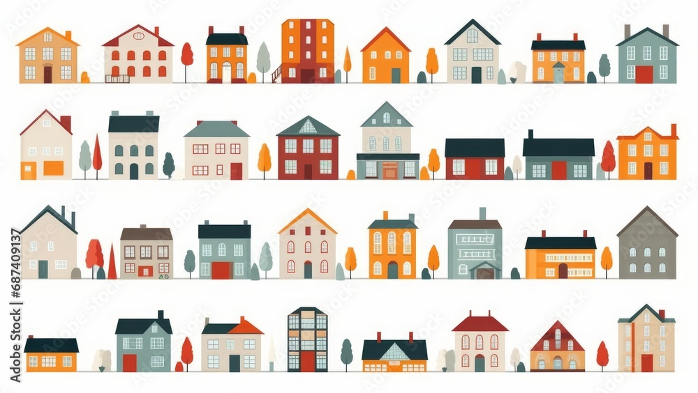 Abstract house big set. Flat colored city buildings, house exterior neighborhood icons. isolated illustration, Generative AI - obrazy, fototapety, plakaty 