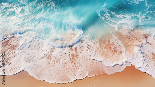 Background image looking from above at an ocean wave breaking onto the sand