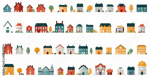 Abstract house big set. Flat colored city buildings, house exterior neighborhood icons. isolated illustration, Generative AI photo