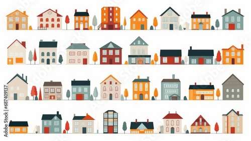 Abstract house big set. Flat colored city buildings, house exterior neighborhood icons. isolated illustration, Generative AI