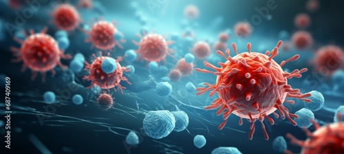 Cancer cell attack human white blood cell. Generative AI technology.	
 photo