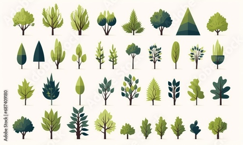 Simple trees bushes. Cartoon forest plants with foliage, minimal flat shrub botanical garden nature elements. Generative AI