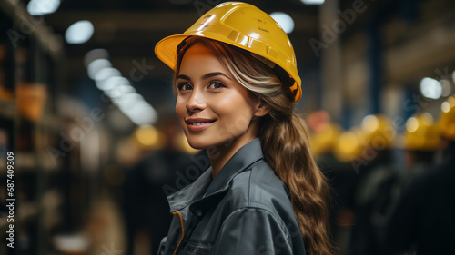 Young woman as apprentice in training in logistics profession with safety helmet photo