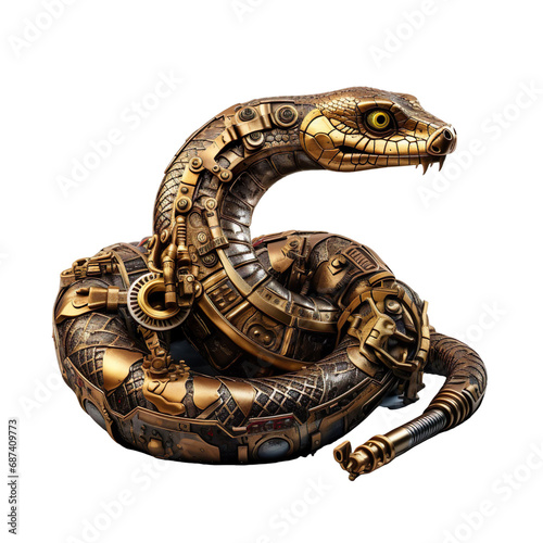 angled view of steampunk style Snake animal isolated on a white isolated background.