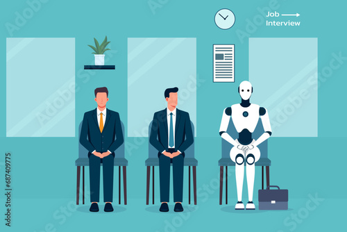 Businessmans and AI robot waiting for a job interview. concep of Humans and artificial intelligence work together to create a better future. flat vector illustation.