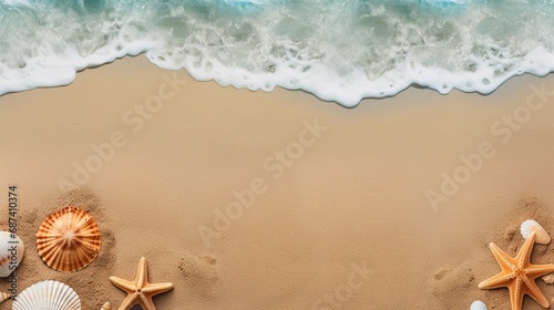 Capture the elegance of the seashore in an 8K image featuring sea sand adorned with starfish and shells, 