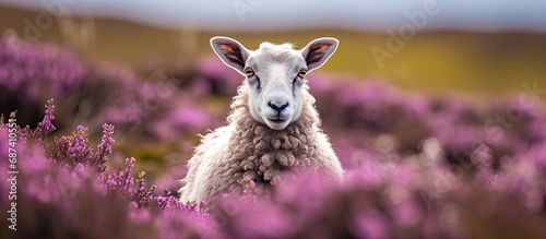 Close-up of a Dalesbred ewe in Spring, facing camera on managed open grouse moorland with grasses and heather background. Nidderdale, Yorkshire. Copy space. photo