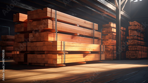 a stack of wooden beams on a warehouse. warehouse with stacks of pine beams