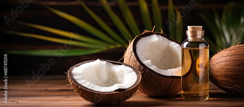 Coconut cosmetics with a bottle of oil and fresh coconuts on wooden board, complemented by a palm leaf, against a brown background.
