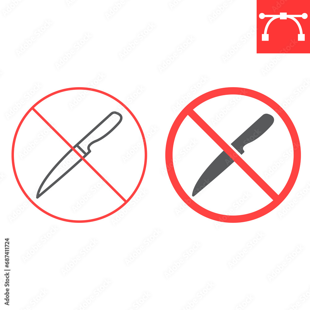 No knife line and glyph icon, prohibition and forbidden, no weapon sign, vector graphics, editable stroke outline sign, eps 10. No knife line and glyph icon, prohibition and forbidden, no weapon sign, vector graphics, editable stroke outline sign, eps 10.