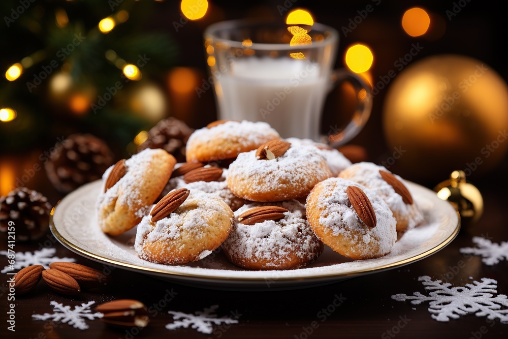 Christmas vanilla cookies on a plate in golden light Christmas vanilla cookies on a plate in golden light