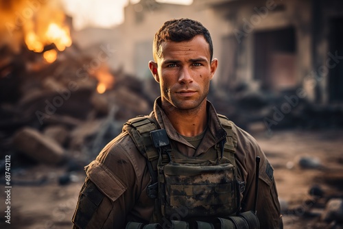 portrait of the special forces soldier on battlefield. photo