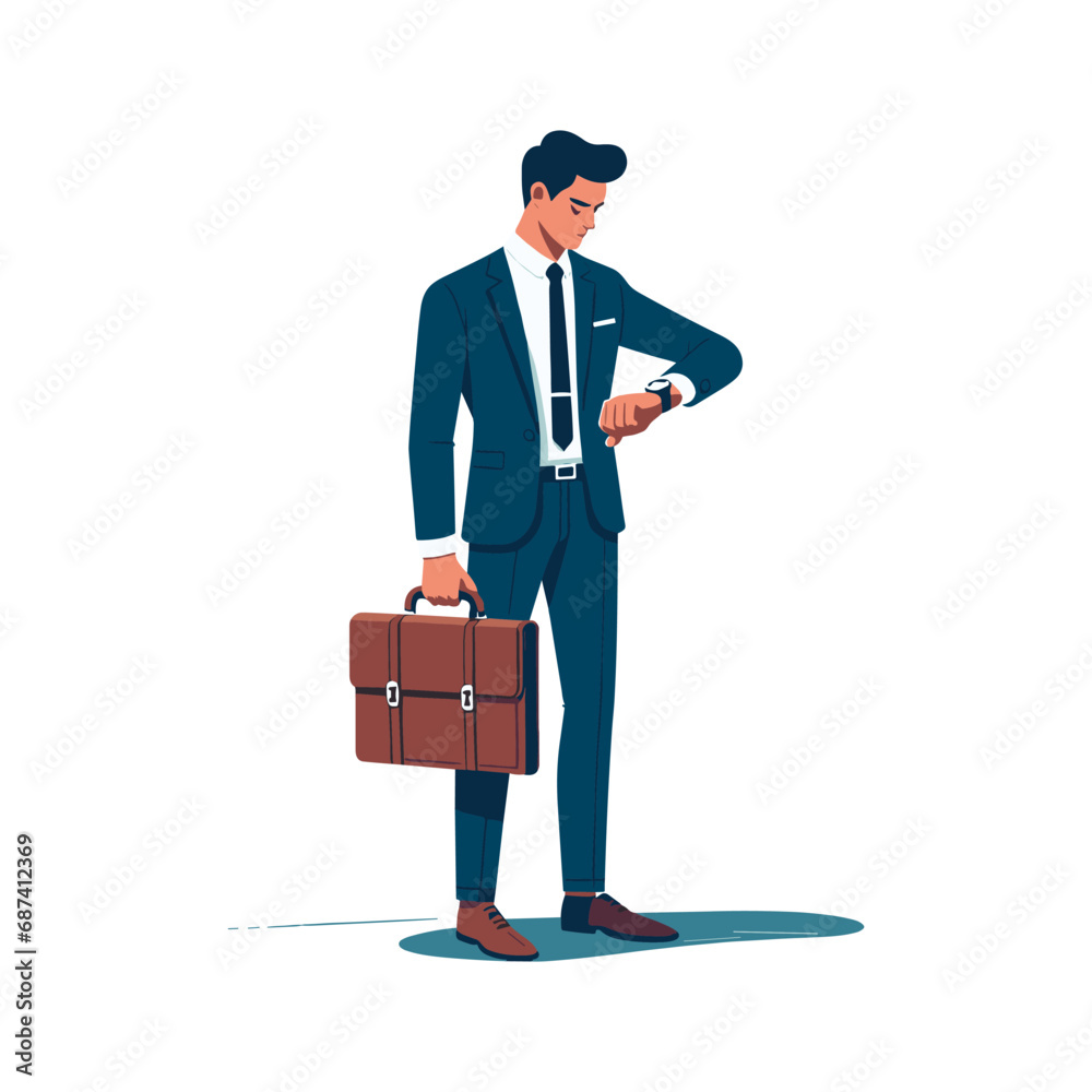 Standing businessman carrying a briefcase and looking at watch flat design vector illustration. Standing businessman carrying a briefcase and looking at watch flat design vector illustration.