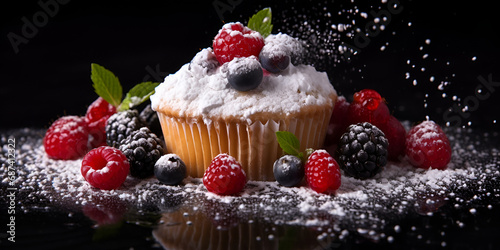 cake with berries,A series of desserts with a black background and a picture of a cake on the right,A cupcake with cranberries and cherries on top Generative AI,Cupcakes with a lot of blueberries on