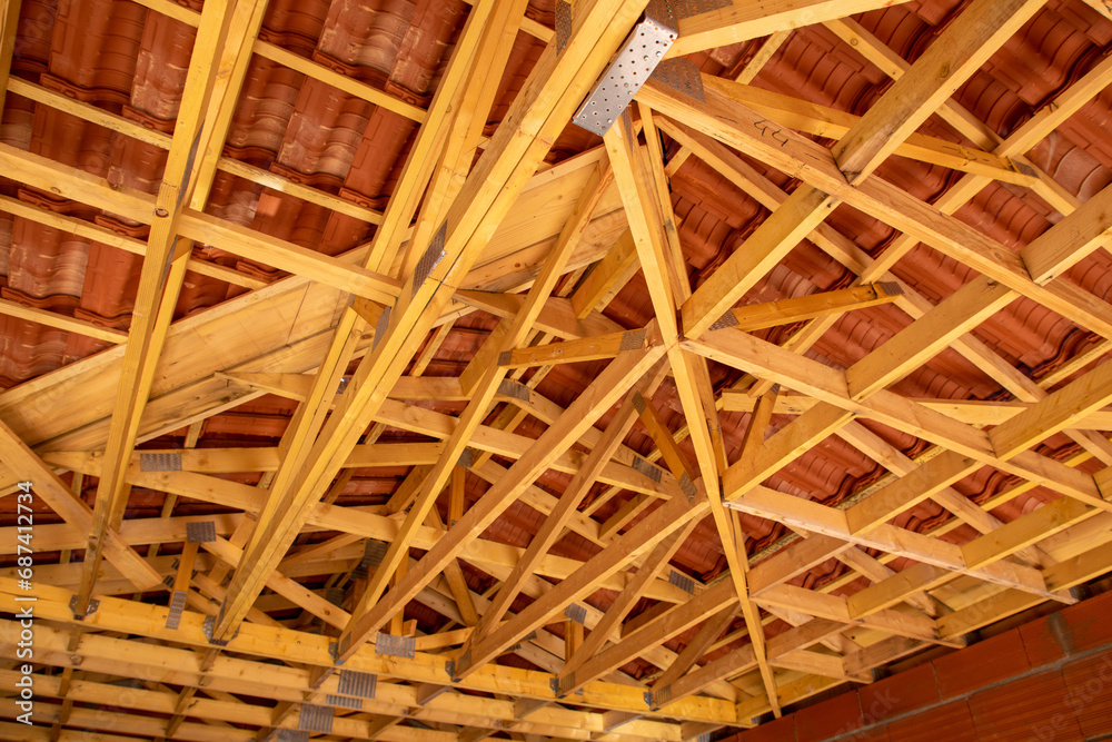 Wooden Roof Skeleton Frame of house Building in construction site