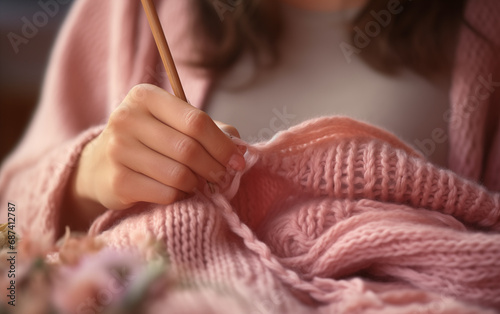 Woman s hands with knitting needles close-up knitting a pink sweater
