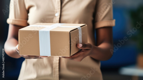 Cropped shot of african american woman holding parcel at home © red_orange_stock
