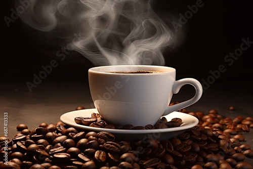 Photo cup of coffee with smoke and coffee beans   