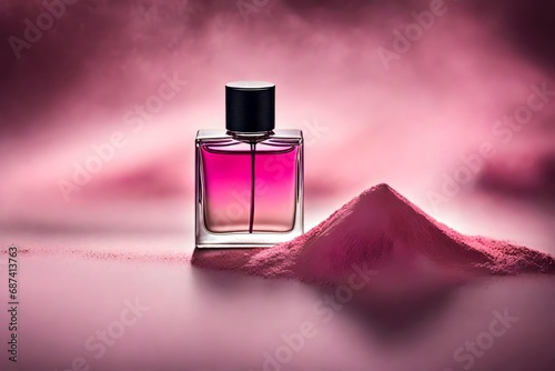 pink perfume flacon and coloroful pigments dust , cosmetic bottle presentation mockup