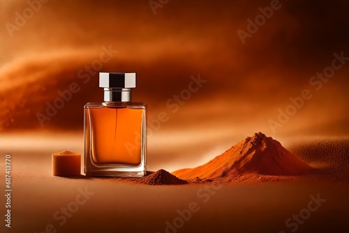 orange bottle of perfume , orang pigment dust powder background, cosmetic branding template