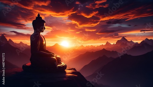 Sunset in the mountains with statue of buddha.