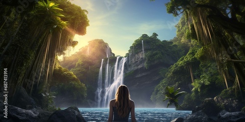 attractive women,waterfall, island, spirituality, beach, waterfall,hyperrealistic, feminity, palm trees