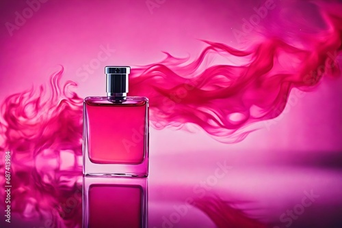 bright fluo pink perfume bottle presentation mockup , burning hot smokey background