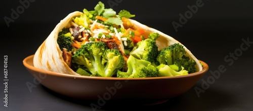 Broccoli-filled Mexican vegetarian takeout lunch.