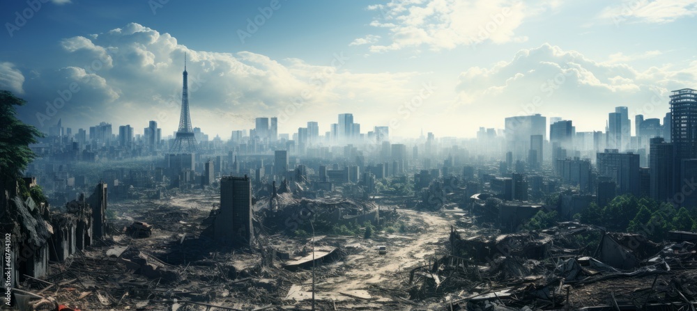 Naklejka premium Post apocalypse city background after nuclear war. Destroyed city buildings. Generative AI technology.
