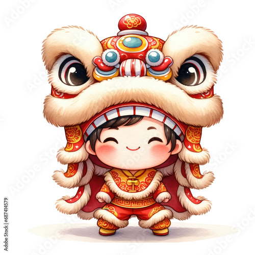 Happy Children playing Chinese dragon dancing Chinese lion dance, Chinese new year Lion Dance Costume for Lunar New Year 
 photo