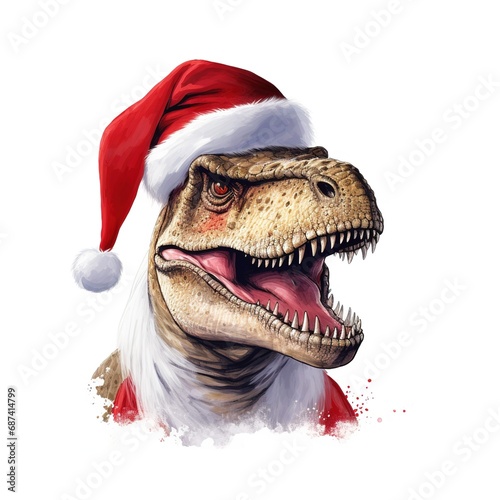 Dinosaurs Rex in red Santa Claus hat holds. , thick oil paint illustration, single object, white background for removing background. © Nopparat