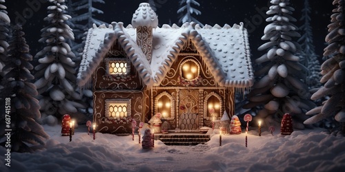 A christmas scene with a gingerbread house in fairy tale dark winter forest.