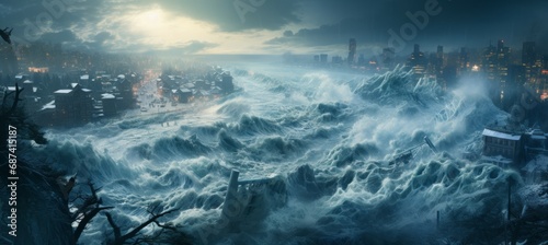 Tsunami flooding the city. Nature disaster. Generative AI technology. 