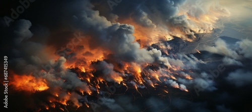 Burning forest wildfire landscape background. Generative AI technology.