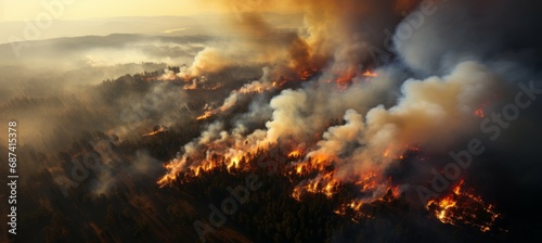 Burning forest wildfire background. Generative AI technology.   © Hero Design