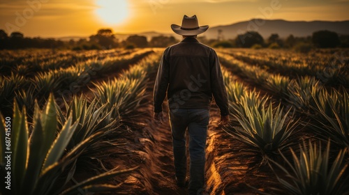 Portrait of farmer in cowboy hat on agave field on sunset photo