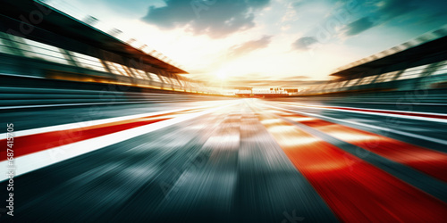 F1 race track circuit road with motion blur and grandstand stadium for Formula One racing