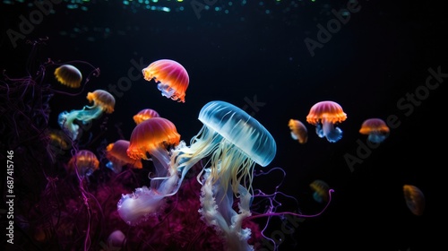 A group of jellyfish swimming in an aquarium. Generative AI. © Natalia