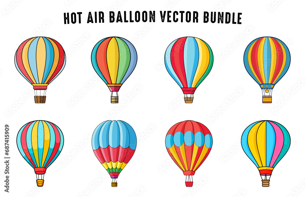 Hot air balloon flat illustration Set, Colorful Hot air Balloon vector bundle