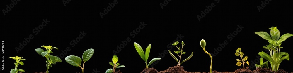 A group of young plants sprouting out of the ground. Generative AI.