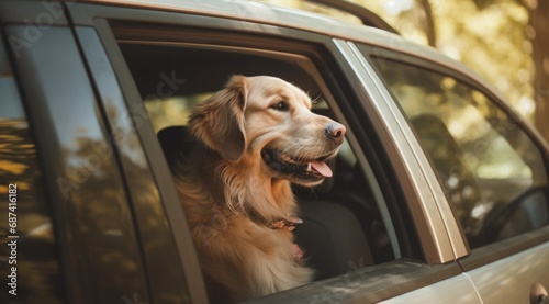 A dog sticking its head out the window of a car. Generative AI.